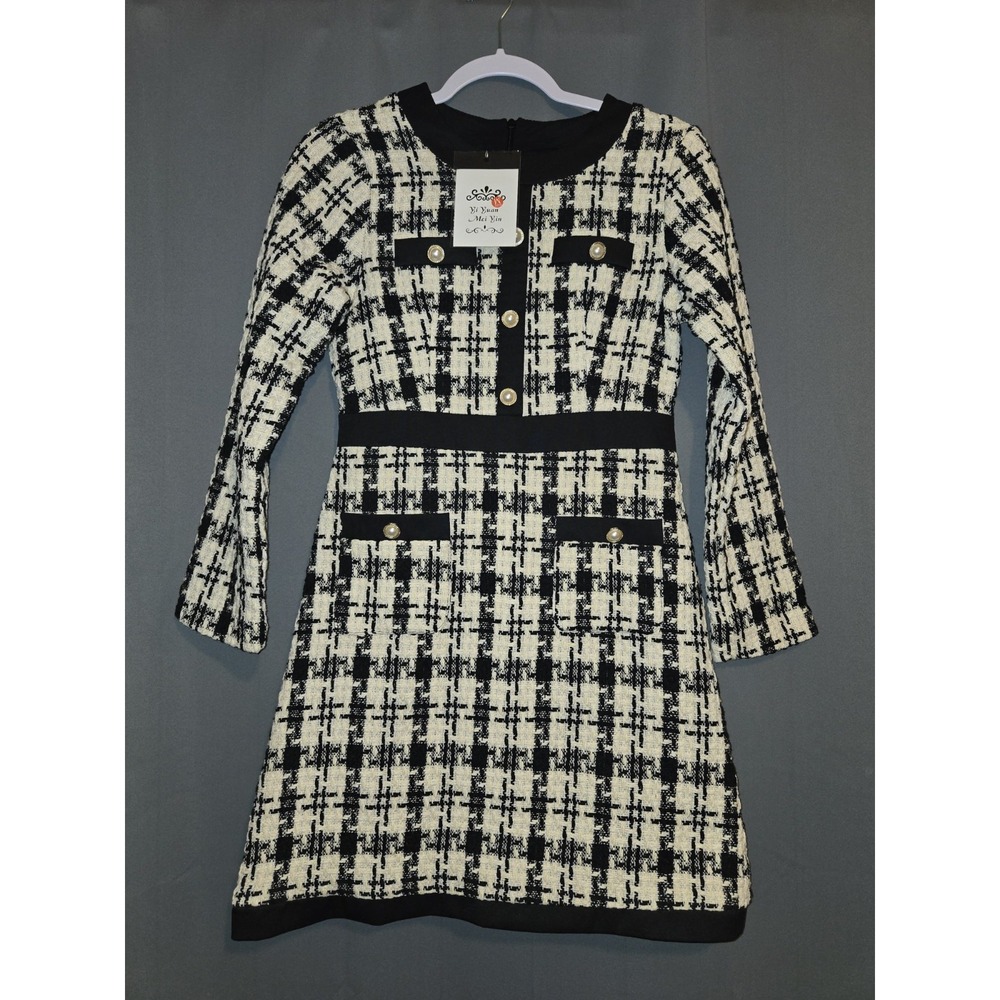 Yi Yuan Mei Yin Black‎ & White Tweed Dress Faux Pearl Button Size Medium NWT